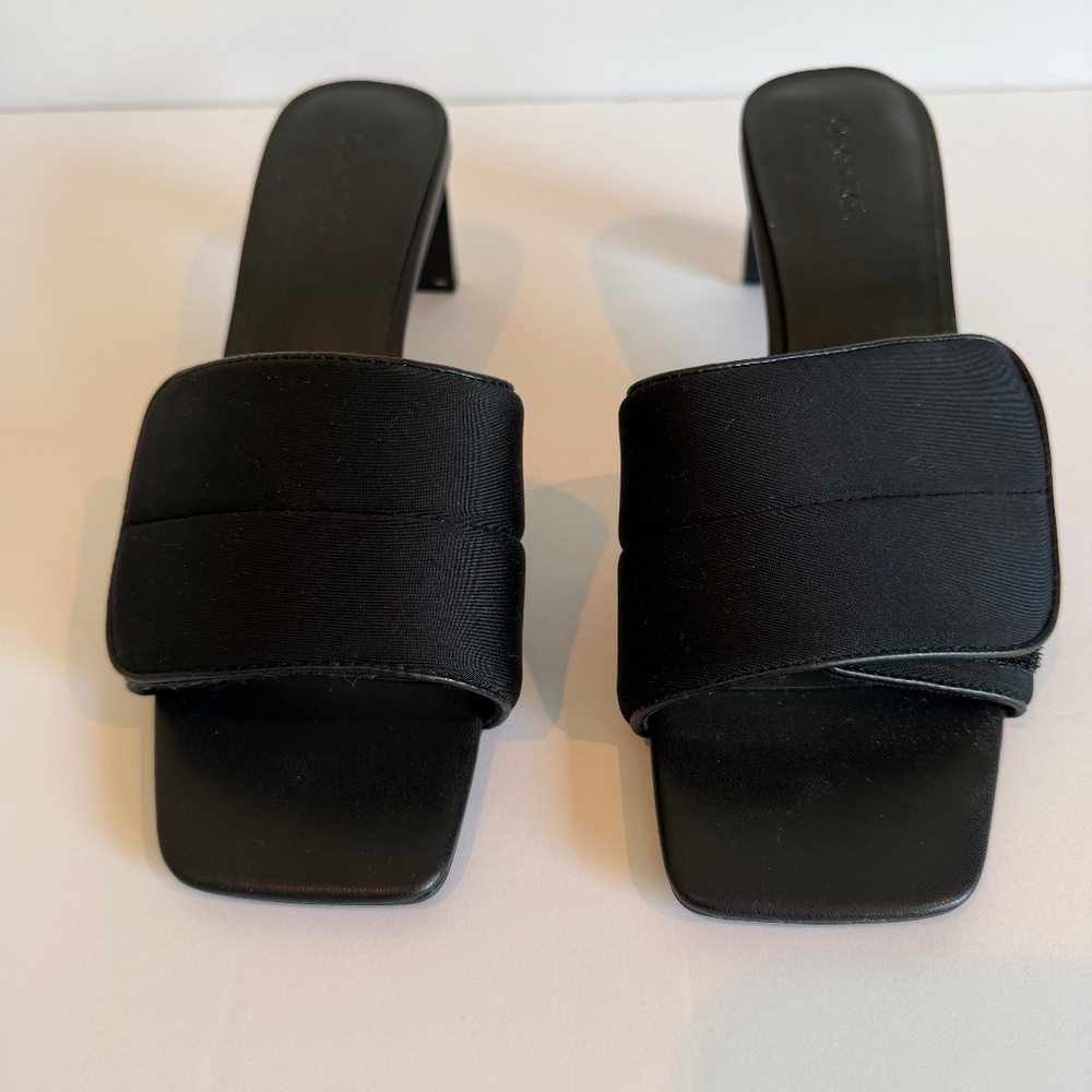 Open Edit Black Mules with adjustable velcro top, sculptural heel Size 7.5